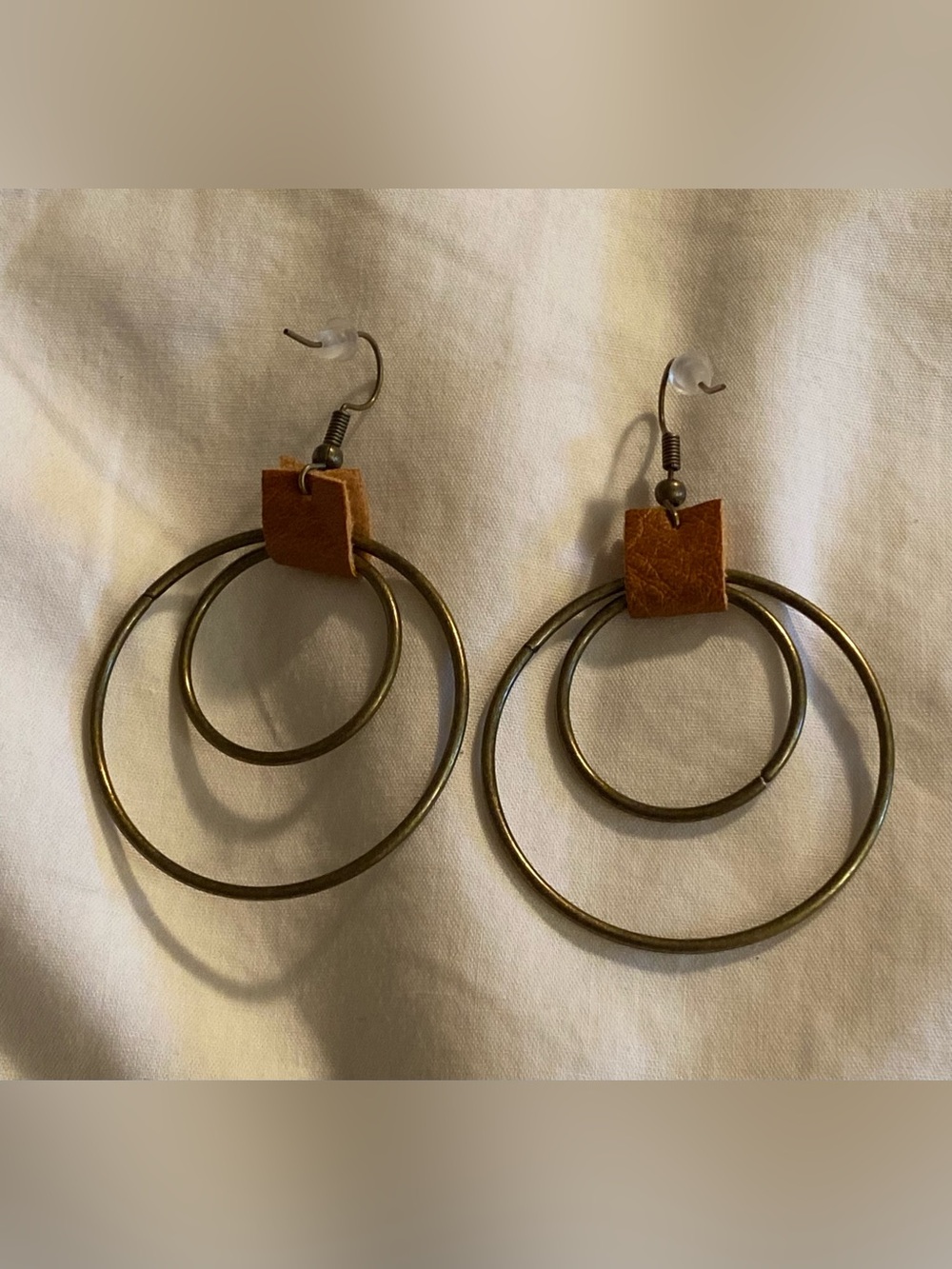 Leather Accent Double Hoop Drop Earrings